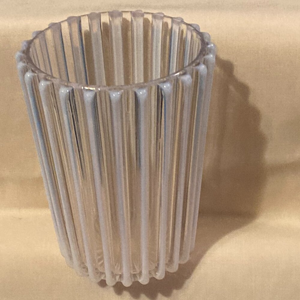 AJ BEATTY ANTQ 1891 WHITE OPALESCENT GLASS TUMBLER/SPOONER/JAR-Ribbed-4.25"H-EUC